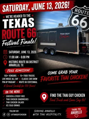 Thai Guy Chicken flyer for the Texas Route 66 Festival Finale on June 13, 2026, with the menu