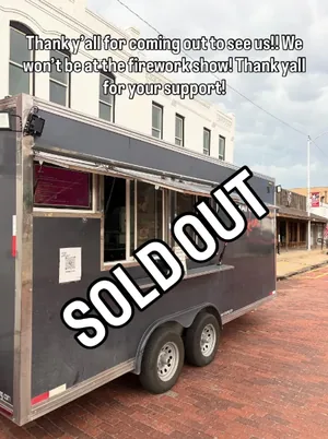 The black Thai Guy Chicken trailer parked on the brick square in Canyon with a SOLD OUT sticker over the photo